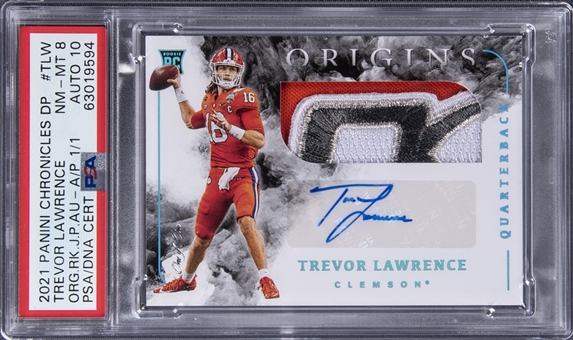 2021 Panini Chronicles Draft Picks Origins Rookie Jumbo Patch Autograph Anniversary Patch #TLW Trevor Lawrence Signed Patch Rookie Card (#1/1) - PSA NM-MT 8, PSA/DNA 10